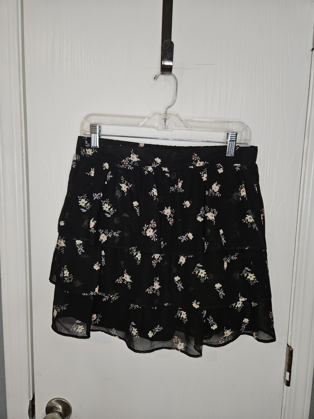 Rue21 Black Floral Tiered Mini Skirt with Pink and Cream Blooms